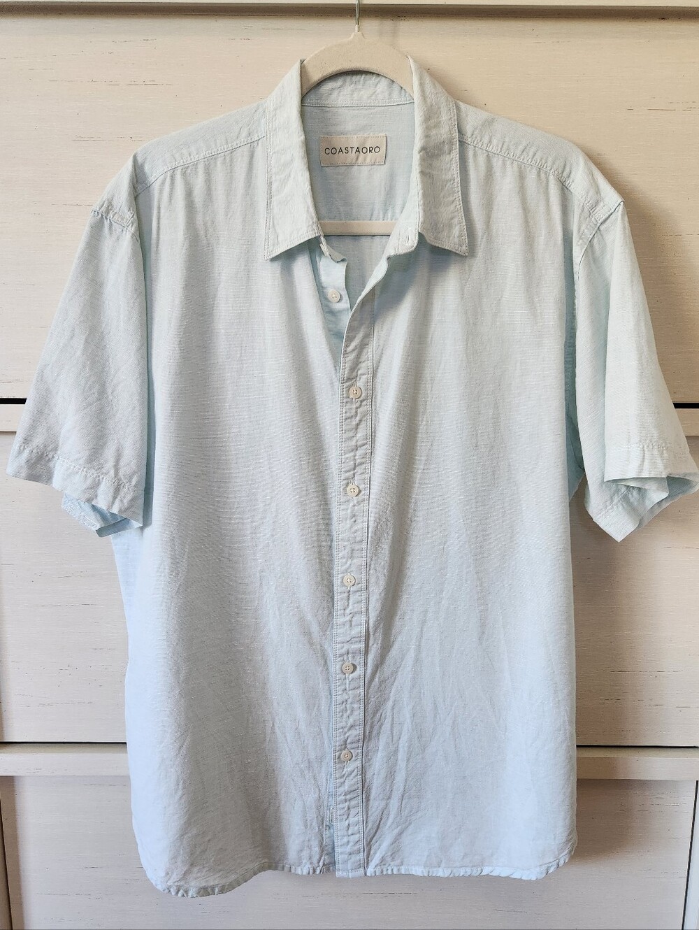 Coastaoro men's short-sleeve button-up shirt light blue cotton Linen Blend Large